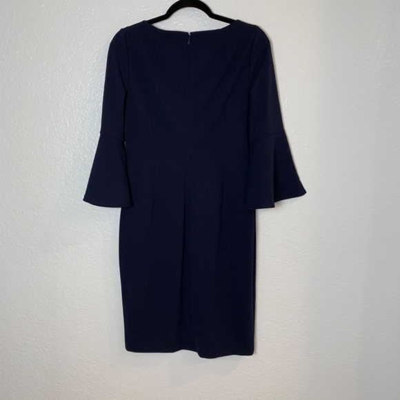 Calvin Klein Navy Blue Sheath Dress Size 10 Faux Pearl Detail Bell Sleeve Career - Picture 9 of 14